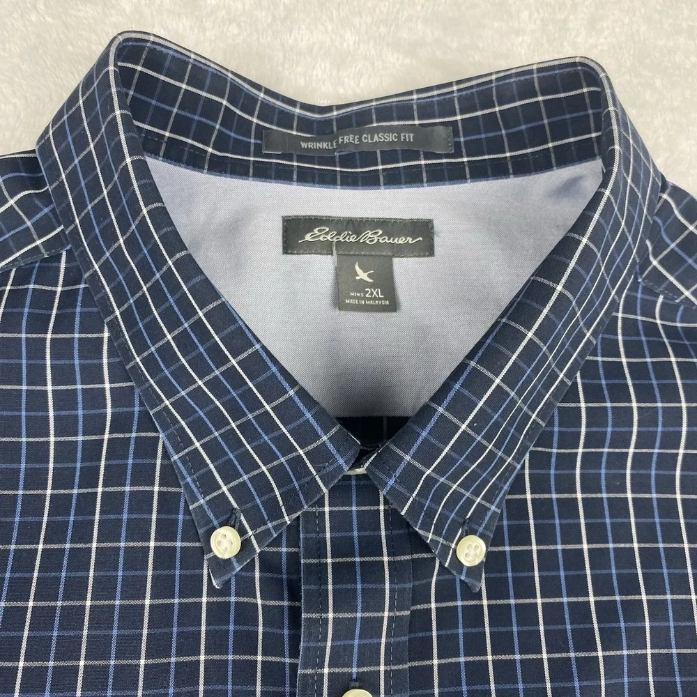 Eddie Bauer Shirt Mens 2XL Blue/White Checks Classic Fit Wrinkle Free